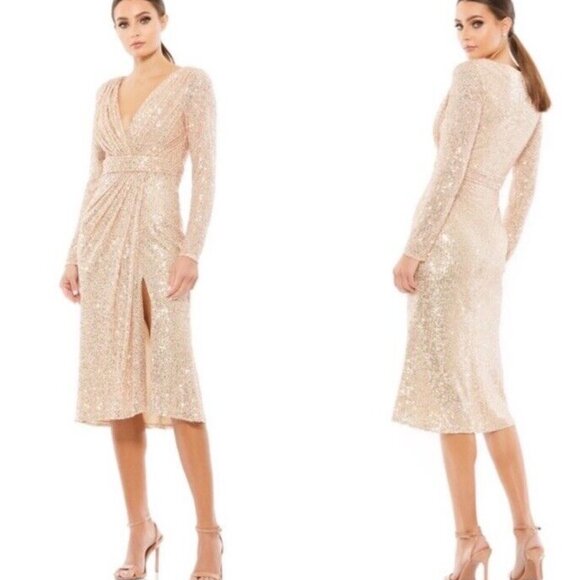 New Mac Duggal Rose Gold Sequin Long Sleeve V-Neck Faux Wrap Sheath Dress P2545 - Picture 1 of 12